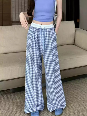 Women Wide leg Plaid Pants Summer Elastic Waist Stright Long Loose Pants Casual