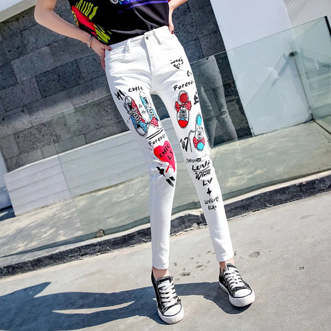 Korean Spring Streetwear: Vintage High Waisted Jeans with Painted Pattern