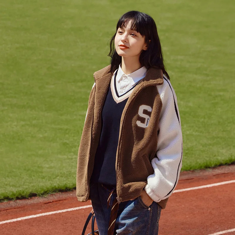 2023 Lamb Fur Jacket Loose Fit Letter Style