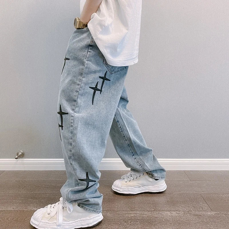 Prints Jeans Men Streetwear Baggy Wide Leg Straight Casual Denim Cargo Pants