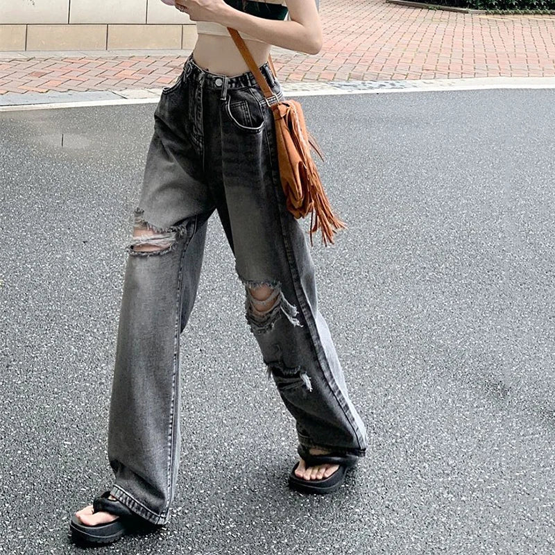 Women Vintage Ripped Wide Leg Y2K Jeans