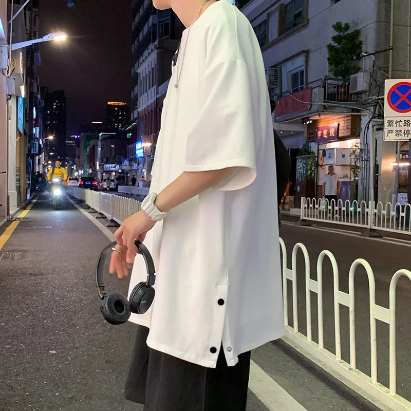 Men's Side Slit T-shirt Solid Color t shirt Causal O-neck Basic Oversized
