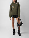Army Green Flowers Skull Wings Pocket Fleece Pullover Sweatshirt