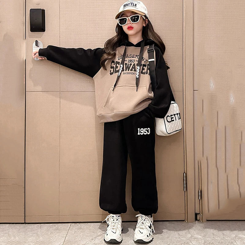 Thicken Children Tracksuit Outfit Plush Hooded Spliced