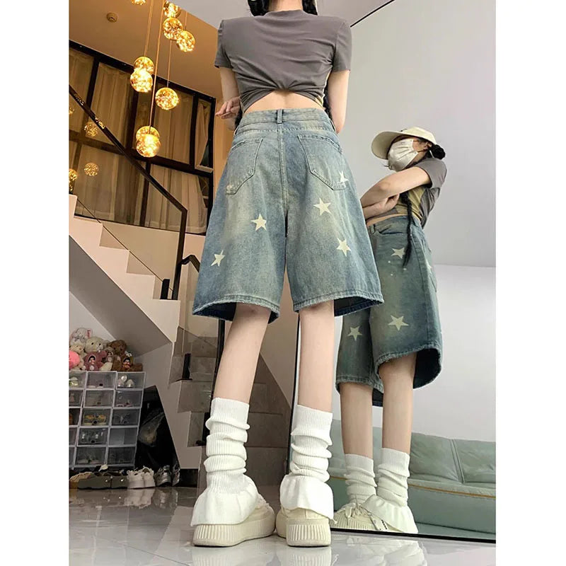 American Style Vintage Women's Short Jeans High Waisted Washed Wide Leg
