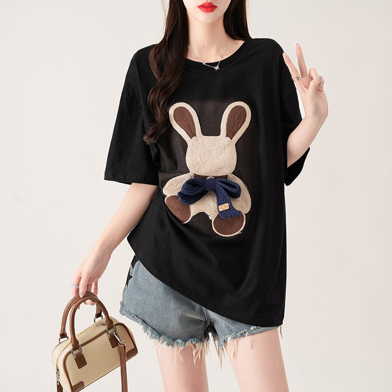 Women's Summer O-Neck Oversized T-shirts Short Sleeve Tees with Cute Rabbit Embroidery Cotton Fabric