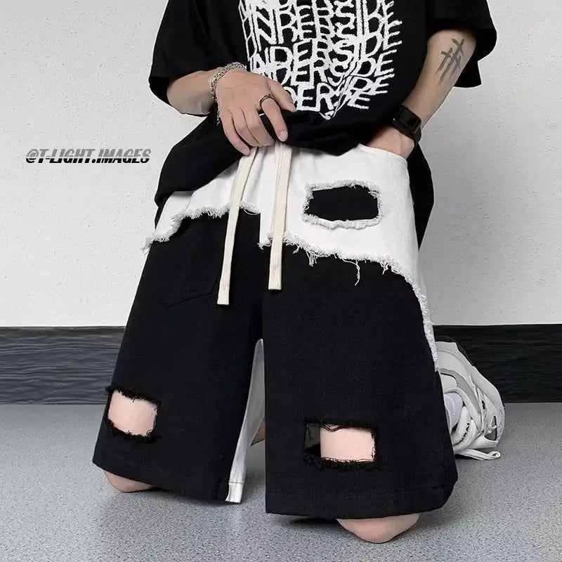 Men's New Loose Casual Straight Five-point Design Spliced burr Ripped Shorts