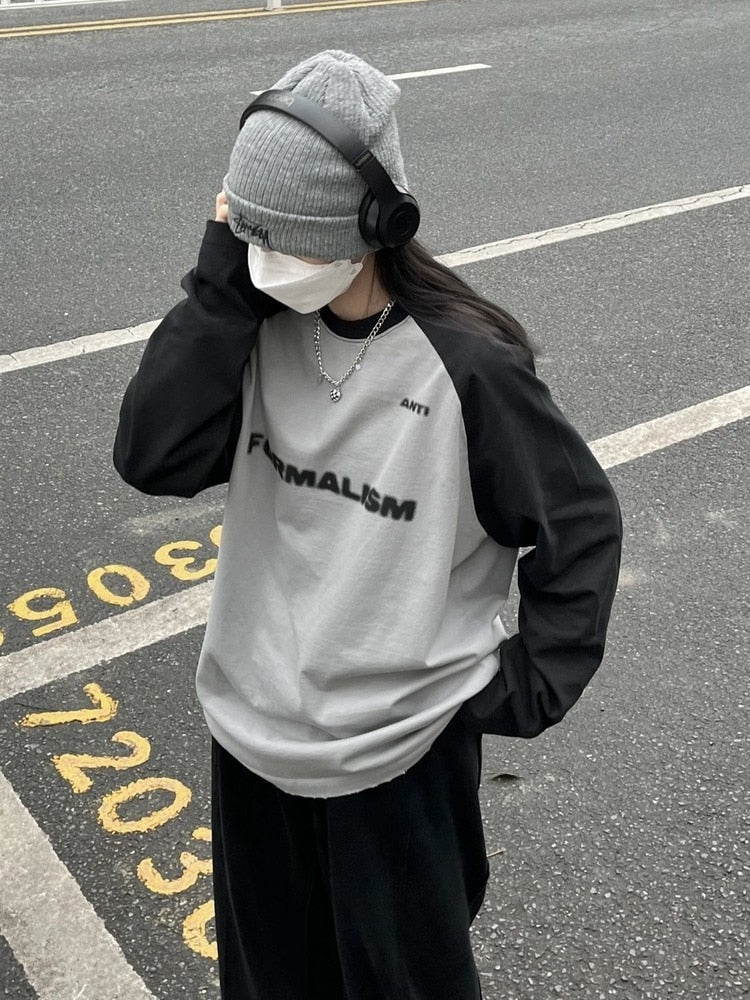 Harajuku Women's Basic Cotton Long Sleeve Gray Tshirt for Autumn 2023