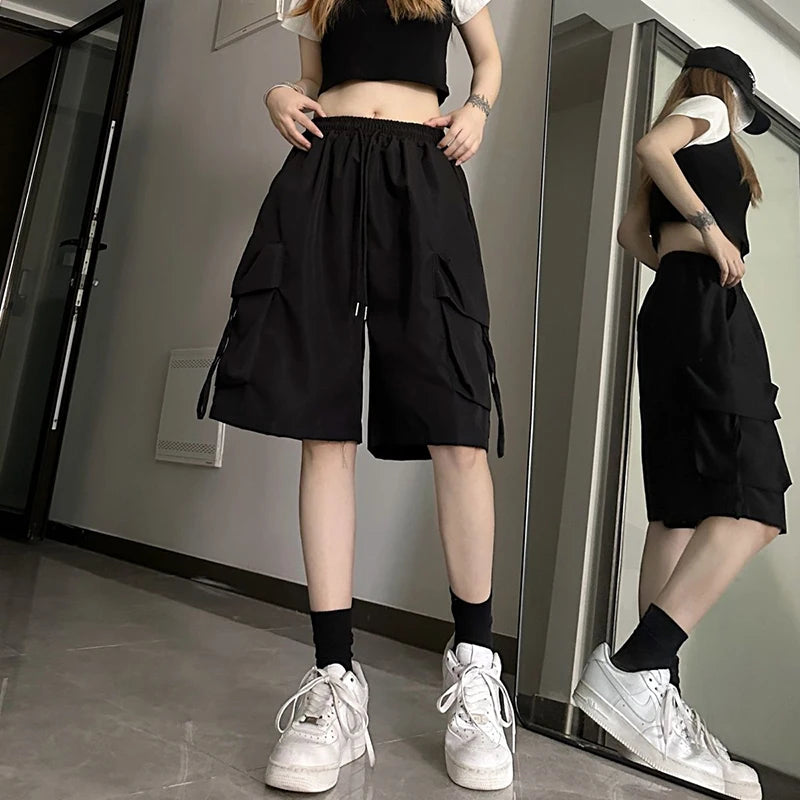 Y2K Cargo Shorts Women Harajuku Oversized Wide Leg Shorts Streetwear Fashion