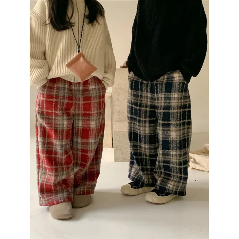 Kids Pants Plaid Printed Wide-leg Pants Winter Clothes