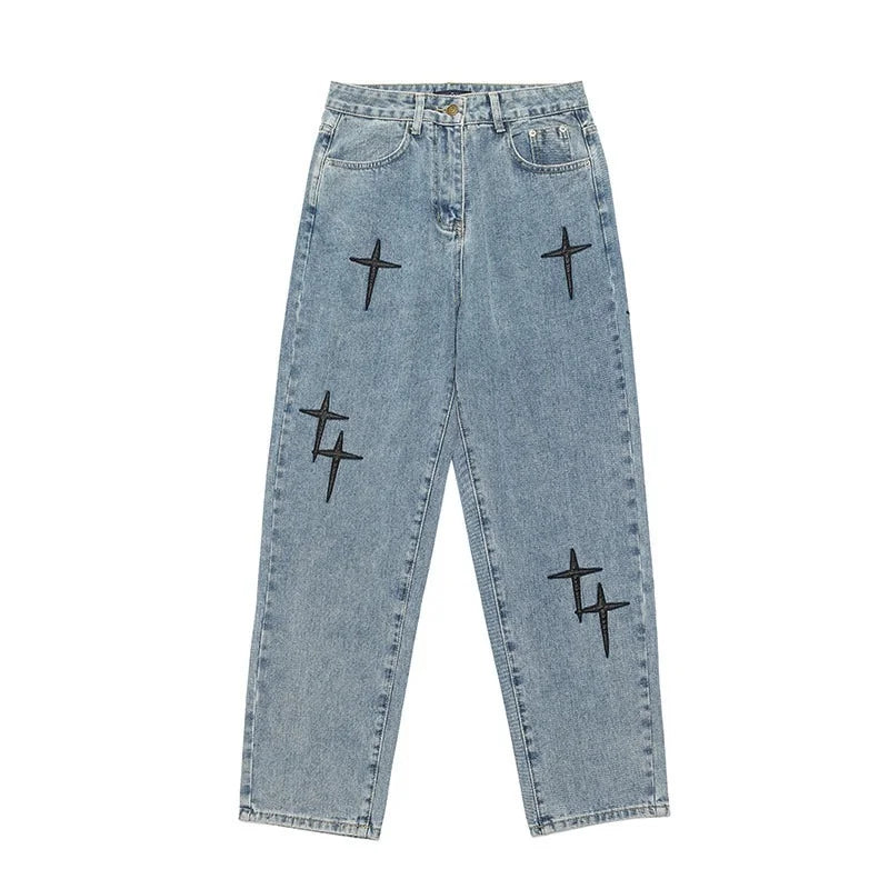 Prints Jeans Men Streetwear Baggy Wide Leg Straight Casual Denim Cargo Pants