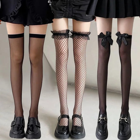 Black White Sexy Overknee Long Socks Women Girls JK Lolita Fishnet Stockings