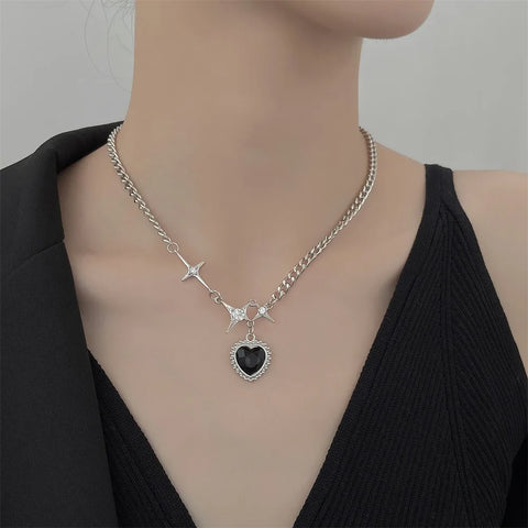 Heart Black Zircon Inlay Necklaces for Women Star Splice Chain Necklace Exquisite Jewelry