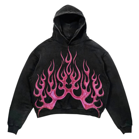 Men's Harajuku Flame Print Hoodie Oversized Grunge Gothic Sweatshirt - Y2K Streetwear Tops