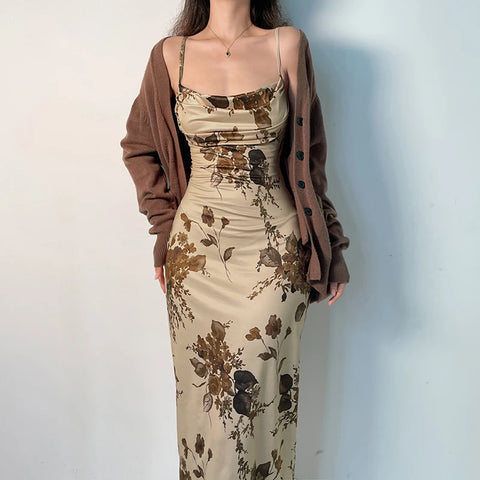 y2k Vintage Strap Dress Retro Floral Print Women 2000s Aesthetic Elegant Ladies
