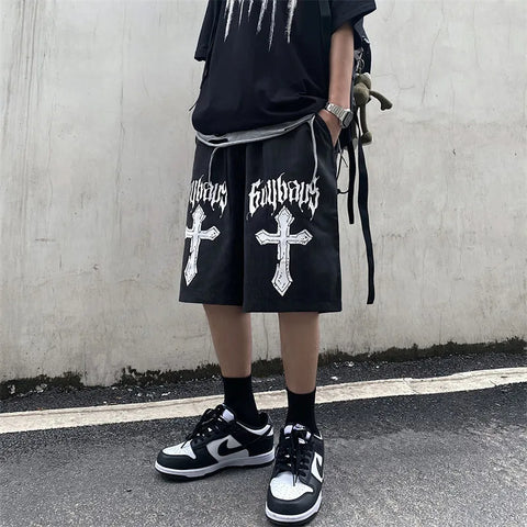 Dark Cross Print Men's Casual Shorts: Loose Y2K Street Style