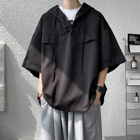 Korean Men's Summer Hoodie T-Shirt with Half Sleeves, Drawstring