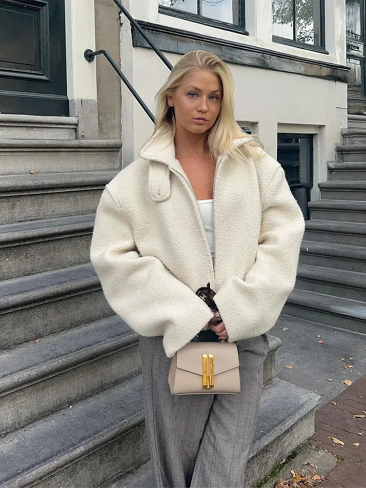Zipper Lamb Wool Jacket For Women Chic Lapel
