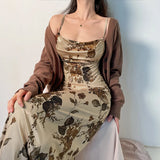 y2k Vintage Strap Dress Retro Floral Print Women 2000s Aesthetic Elegant Ladies
