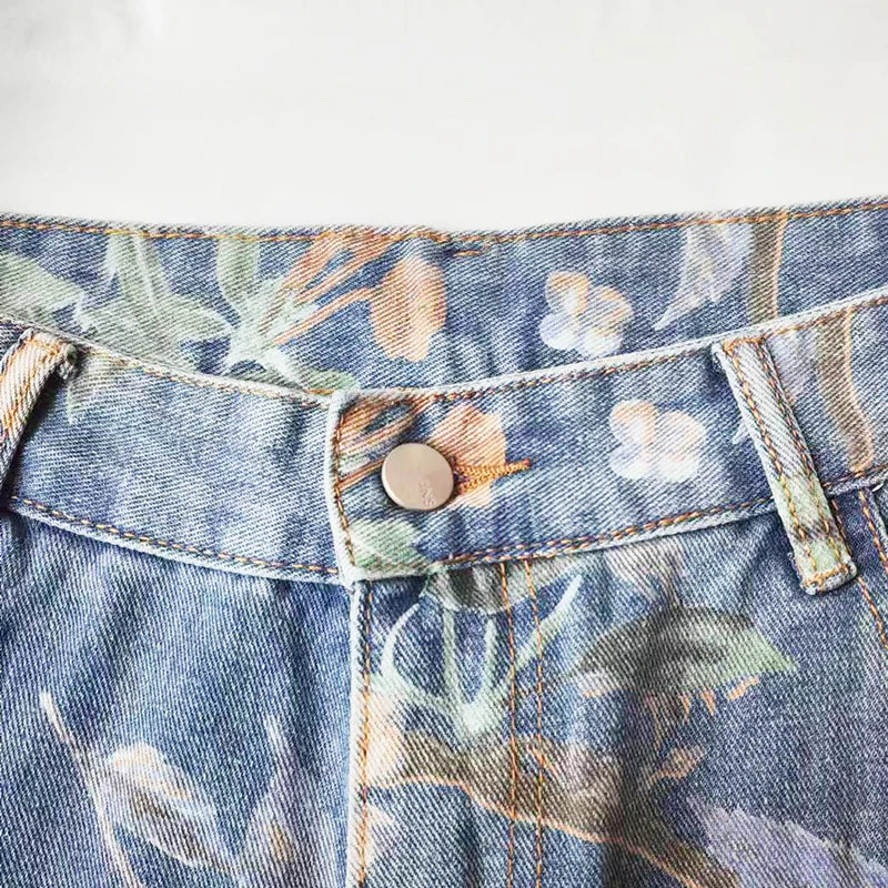 Mens Fashion Printed Jeans Floral Denim Mopping Trousers High Street