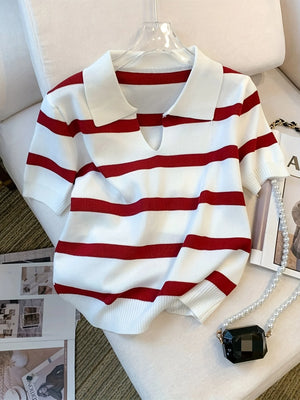 Women’s Striped Collared Sweater Short Sleeve Crop Top