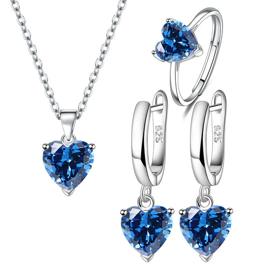 Sterling Silver Jewelry Sets For Women Heart Zircon Ring Earrings Necklace Wedding Bridal Elegant Christmas