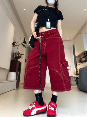Burgundy Cargo Jeans Women Y2K Wide Leg Vintage Shorts
