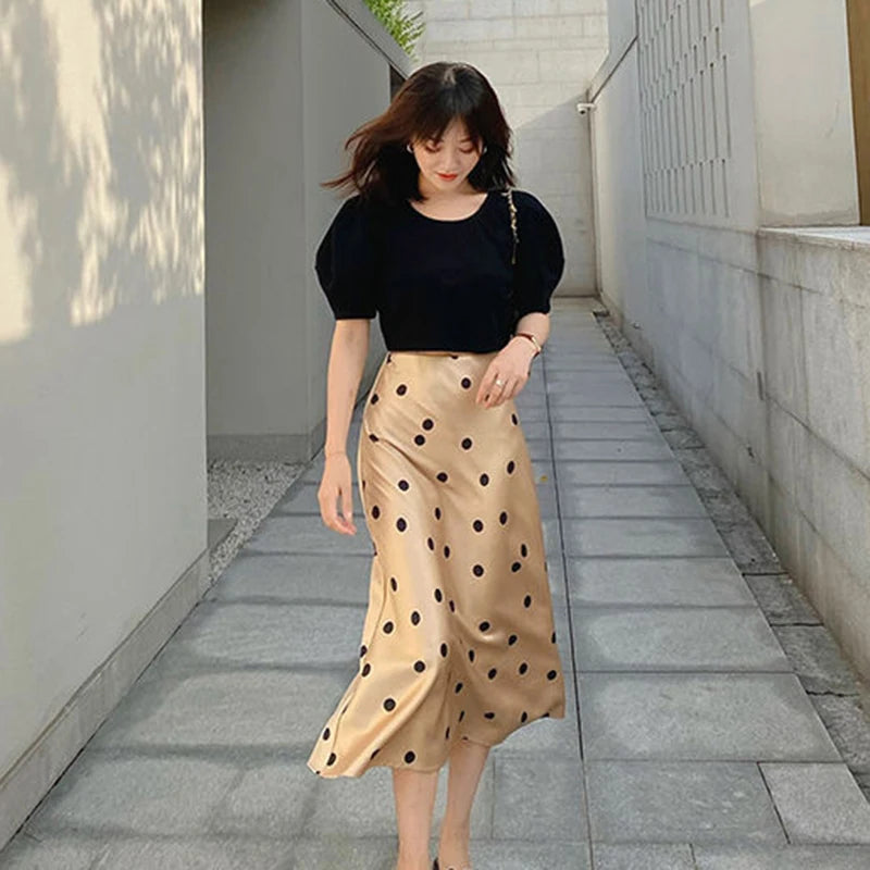Silk Satin High-Waisted A-Line Skirt Summer Dot Print