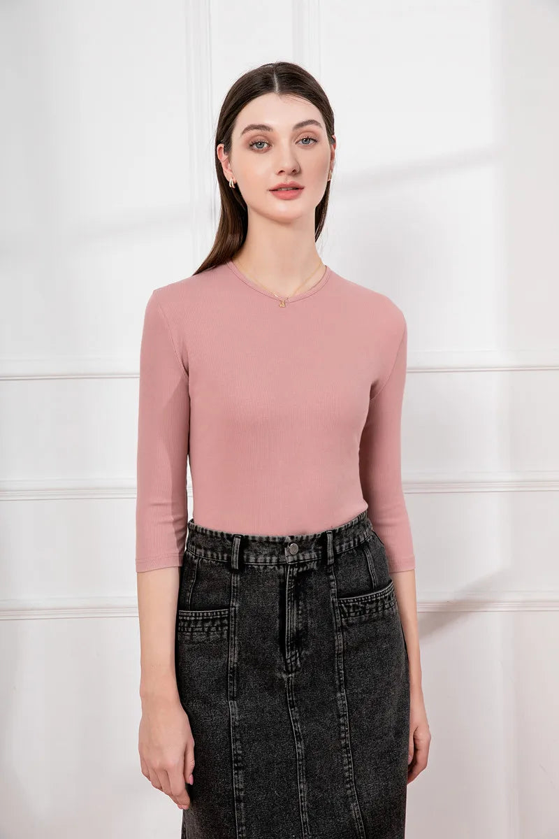 fitting style T shirt 3/4 sleeve V -Neck woman tops high stretch ribbing