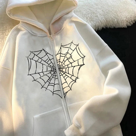 Y2K Spider Web Print Jacket: Retro Fleece Zip Hoodie Sports Fashion