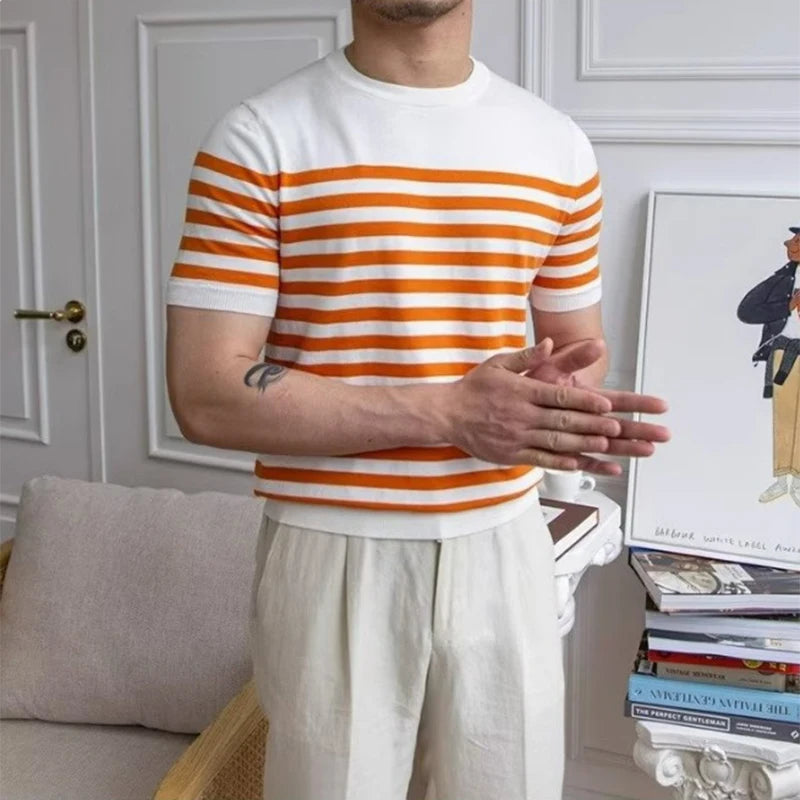 Summer Fashion Striped T Shirt Men Casual Slim Fit Short Sleeve O Neck