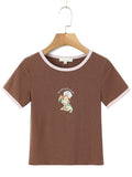 Women Vintage T-Shirt Soft Cotton Cartoon Printed O Neck Short Sleeves  Tops Chic Fashion Summer