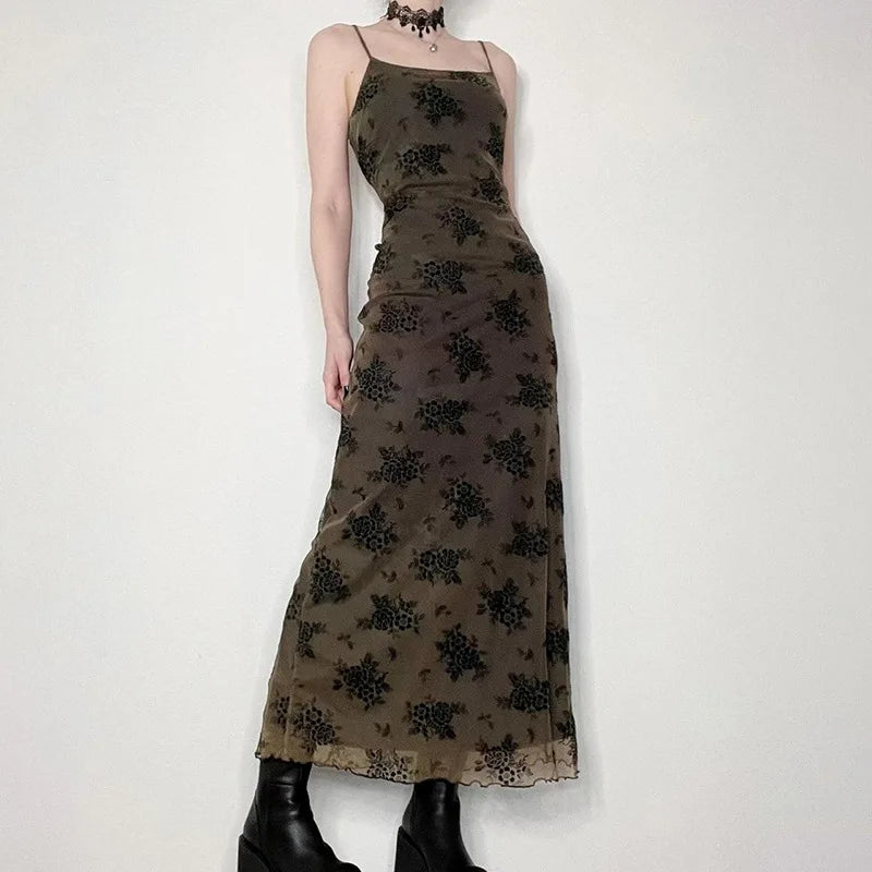 Frauen Gothic Schwarz Floral Print Kleid Sommer Ärmellose Streetwear