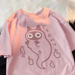 Ghost Cat Loose Short Sleeved T-shirt for Japanese Fashion Couple