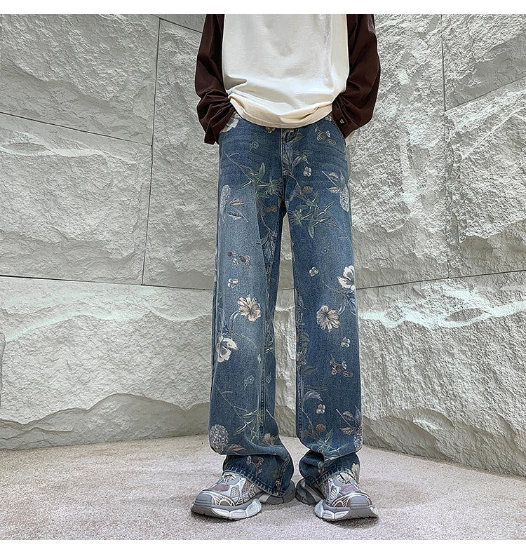 Mens Fashion Printed Jeans Floral Denim Mopping Trousers High Street