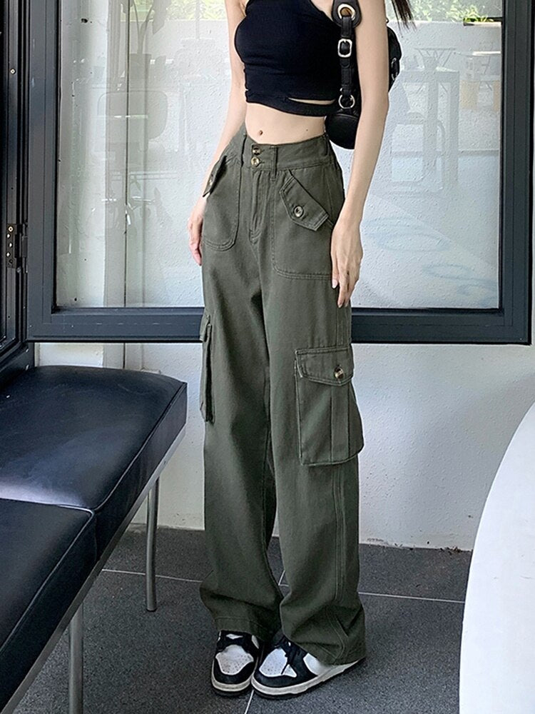 Spring and Summer Vintage Cargo Pants High Waist Pure Color Slim Jean Women