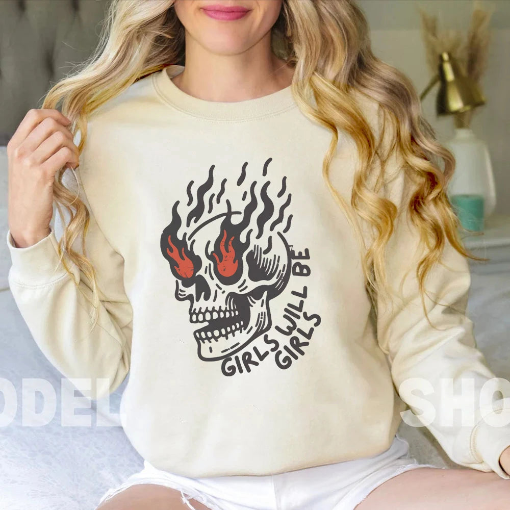 Girls Will Be Girls Womens Clothing Skull Vintage Graphic Hoodie