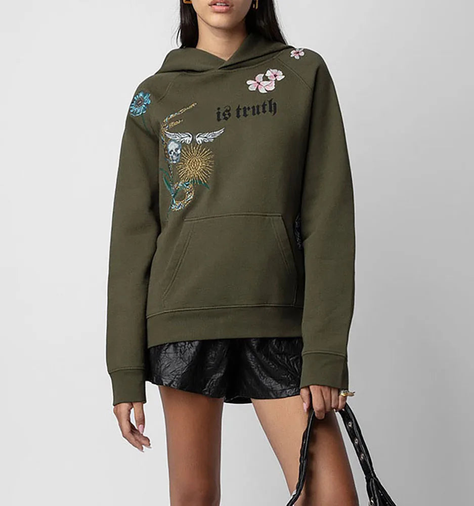 Army Green Flowers Skull Wings Pocket Fleece Pullover Sweatshirt