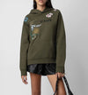 Army Green Flowers Skull Wings Pocket Fleece Pullover Sweatshirt