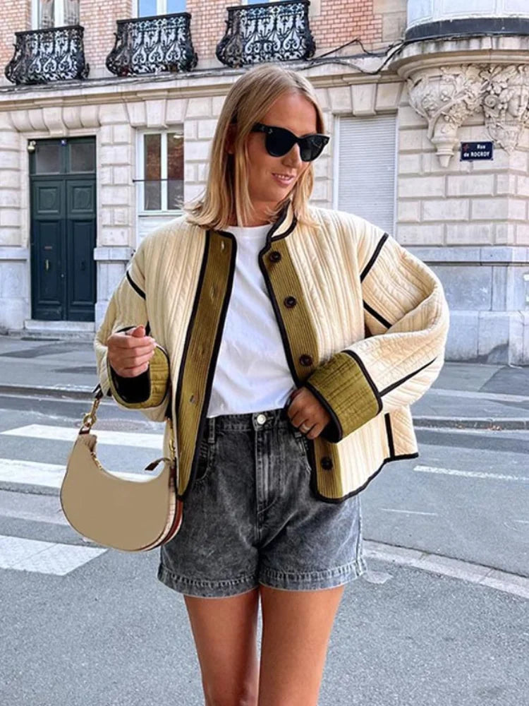 2024 Women Chic Contrast Patchwork Jacket Elegant Lady Chic Outwear