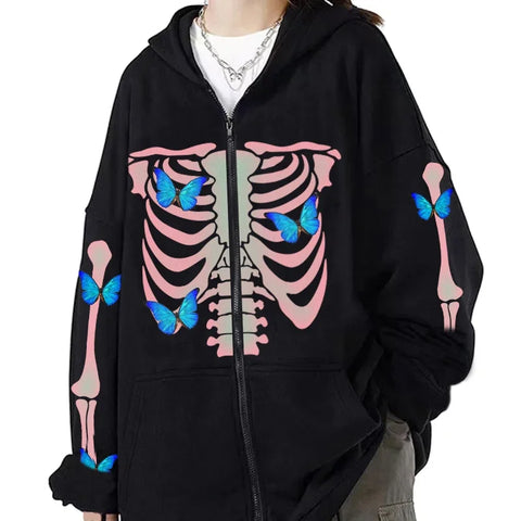 Y2k Grunge Skull Bones Graphic Zipper Funny Zip up Jacket Casual Oversize Cardigan Harajuku