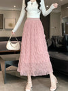 Elegant High Waist Chic Tulle Folds Long Skirt