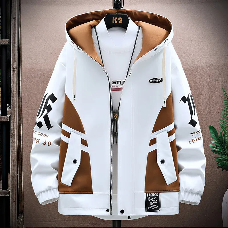 Men's Casual Hooded Jackets Autumn Patchwork Thin Coats  Streetwear Plus Size