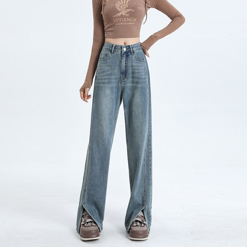 Autumn Vintage Korean Slim High Waist Straight Leg Jeans Women's Fashion Trousers