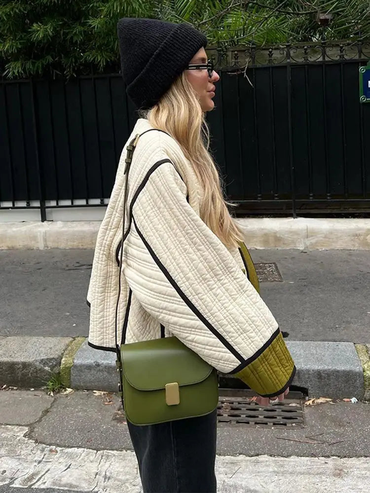 2024 Women Chic Contrast Patchwork Jacket Elegant Lady Chic Outwear