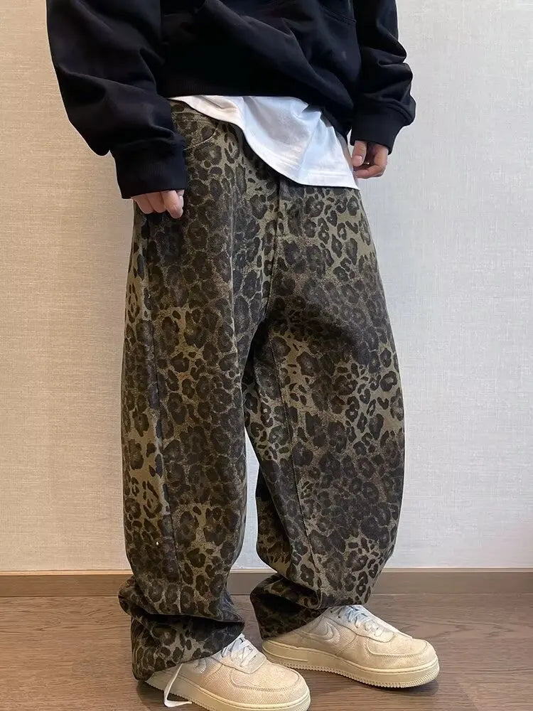 Leopard Jeans Men Denim Pants Oversize Wide Leg Trousers Streetwear