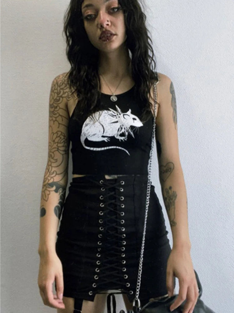 Mouse Print Black Tank Goth Sexy Bodycon Cropped Tops Women Streetwear Harajuku
