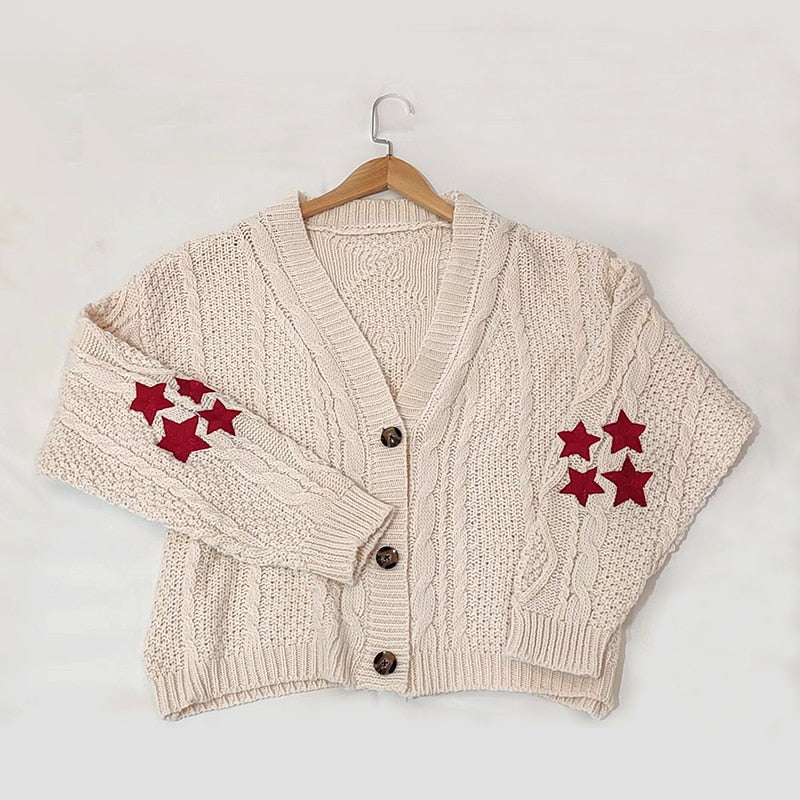 Fashion Warm Swift Beige Cardigan Holiday Star Embroidered V-neck Knitted Sweater for Women Autumn Tay Women's Cardigan