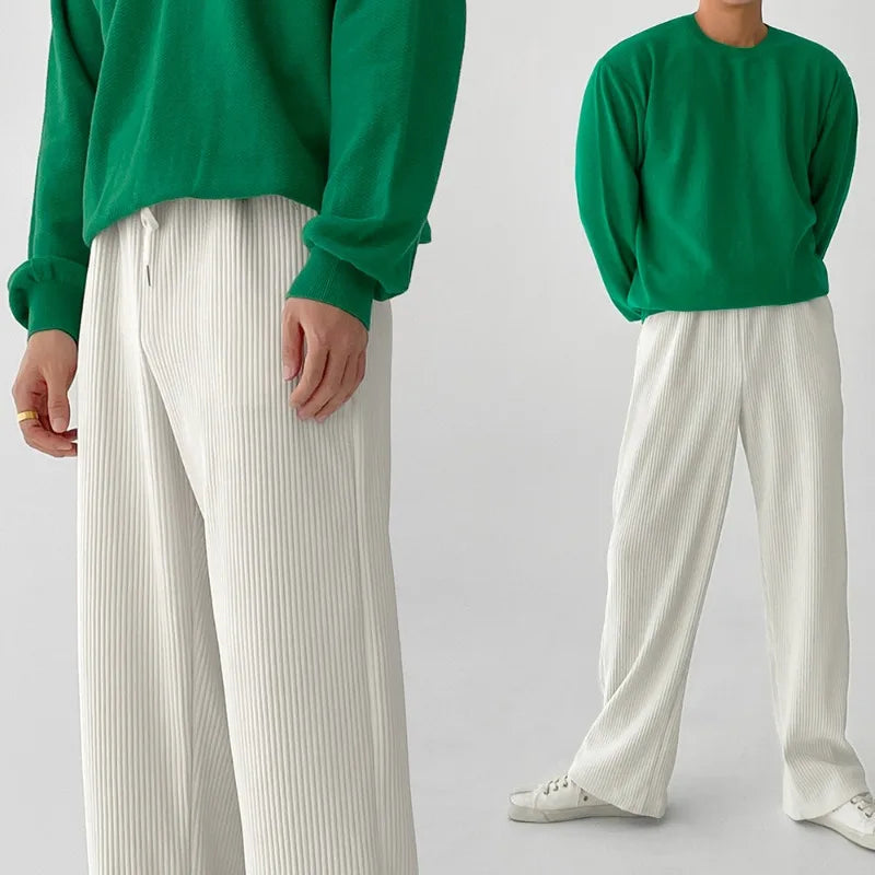 Mens Summer Streetwear Pleated Casual Straight-leg Pants Man Running