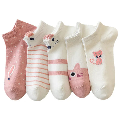 5 Pairs Cool Cute Pink Cat Socks Ladies Spring Summer Japanese Girls Students Short Socks